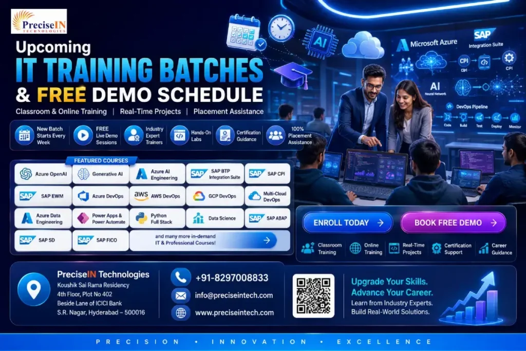 Upcoming IT training batches and free demo schedule at PreciseIN Technologies in S.R. Nagar, Hyderabad for Azure OpenAI, SAP BTP, SAP CPI, Azure DevOps, Power Apps, Python Full Stack, Data Science, and other IT courses.